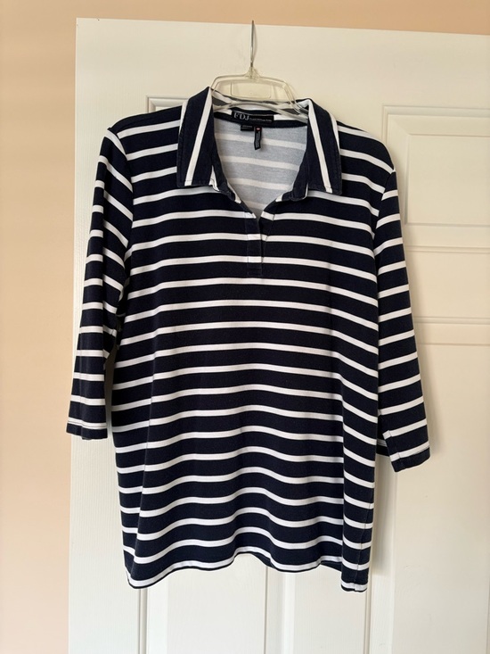 FDJ Tops - Striped Navy & White 3/4 Sleeve Polo Top